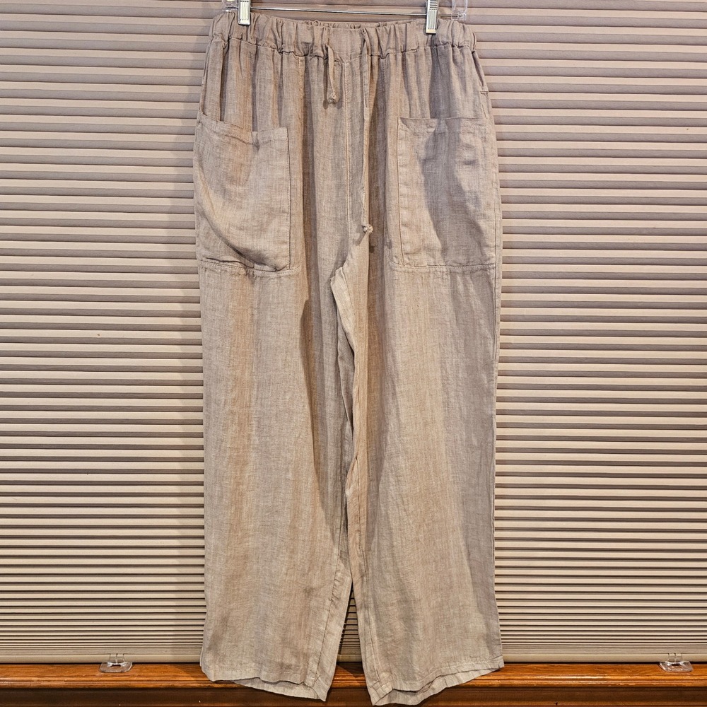Angela Mara Linen Tan Drawstring Straight Leg Pants XL Italy Patch Pockets